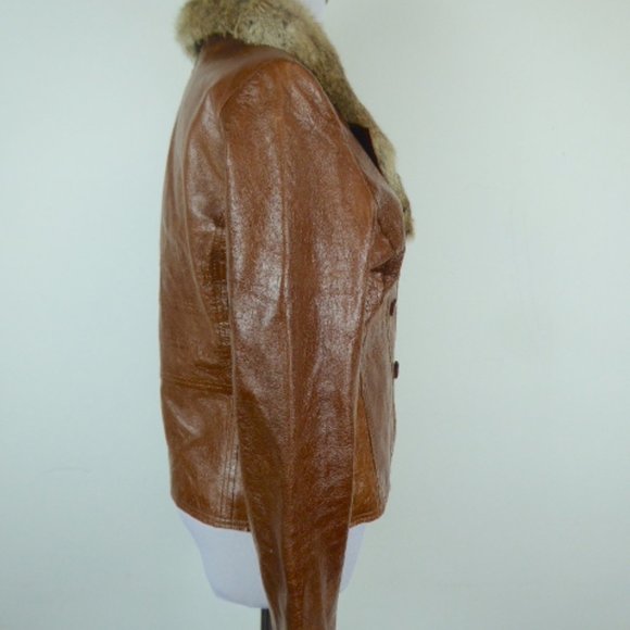 ARDEN B LEATHER brown blazer JACKET removable rabbit fur collar M fitted - Picture 8 of 12